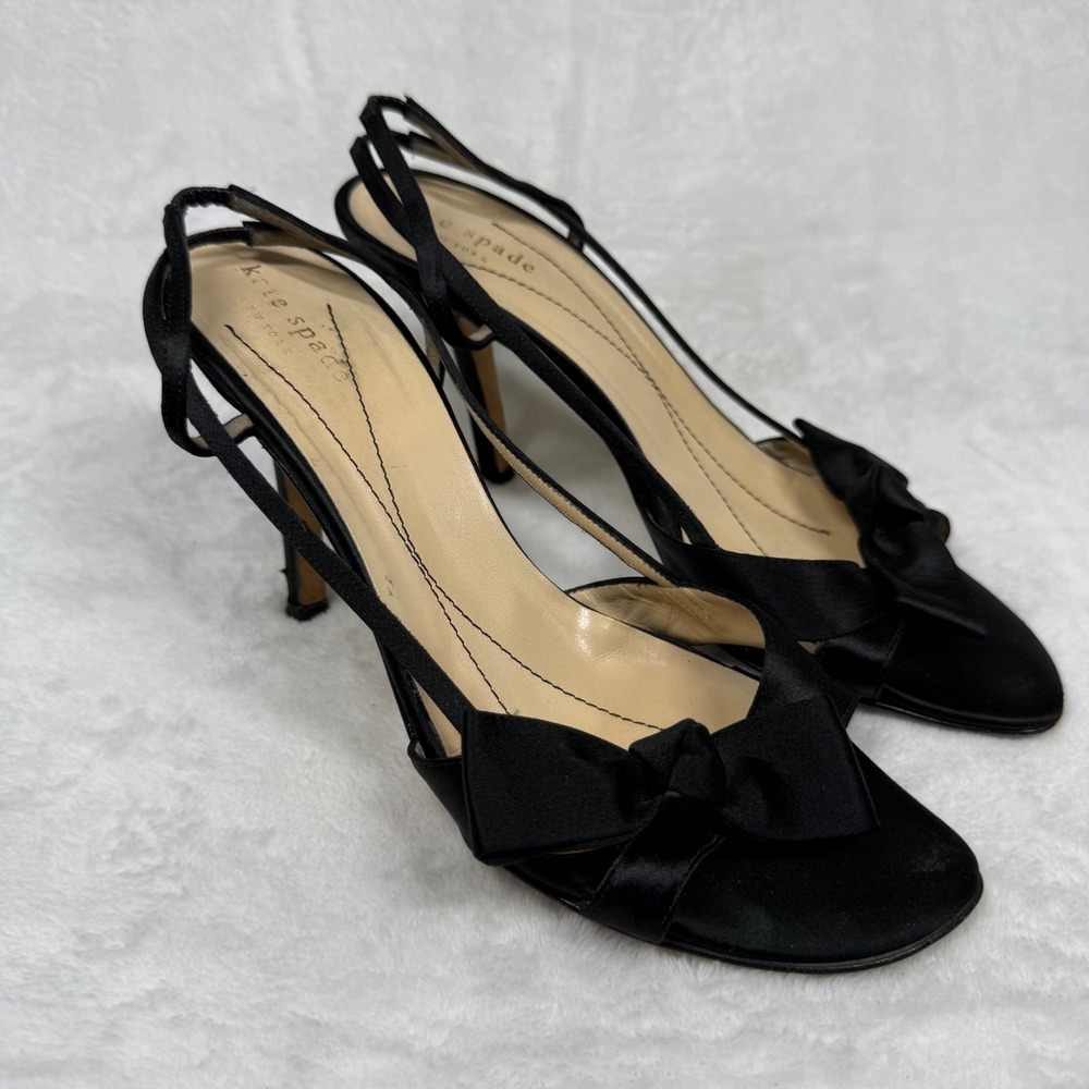 Kate Spade New York Black Satin Bow Slingback Heels‎ Open Toe Stiletto Italy 7